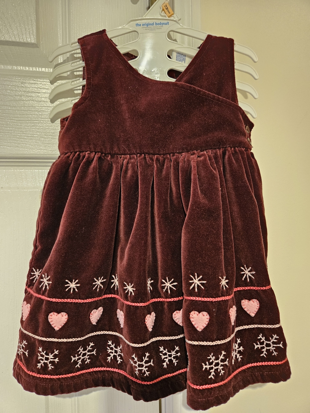 Old Navy Burgundy Velvet Dress with Pink Heart Embroidery 3-6 Months